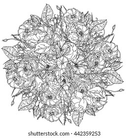 luxury flowers bouquet in shape of mandala for adult coloring book or for zen art therapy anti stress drawing. Hand-drawn, vector, uncolored detailed mandala, for coloring book, t-shirt poster design