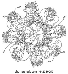 luxury flowers bouquet in shape of mandala for adult coloring book or for zen art therapy anti stress drawing. Hand-drawn, vector, uncolored detailed mandala, for coloring book, t-shirt poster design