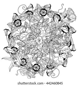 luxury flowers bouquet in shape of mandala for adult coloring book or for zen art therapy anti stress drawing. Hand-drawn, vector, uncolored detailed mandala, for coloring book, t-shirt poster design