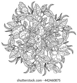 luxury flowers bouquet in shape of mandala for adult coloring book or for zen art therapy anti stress drawing. Hand-drawn, vector, uncolored detailed mandala, for coloring book, t-shirt poster design
