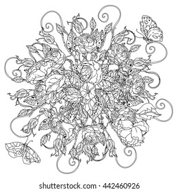 luxury flowers bouquet in shape of mandala for adult coloring book or for zen art therapy anti stress drawing. Hand-drawn, vector, uncolored detailed mandala, for coloring book, t-shirt poster design