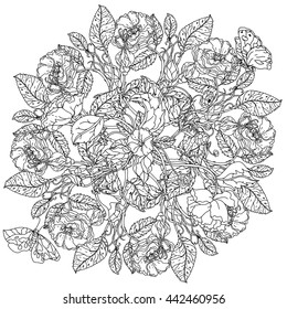 luxury flowers bouquet in shape of mandala for adult coloring book or for zen art therapy anti stress drawing. Hand-drawn, vector, uncolored detailed mandala, for coloring book, t-shirt poster design