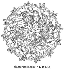 luxury flowers bouquet in shape of mandala for adult coloring book or for zen art therapy anti stress drawing. Hand-drawn, vector, uncolored detailed mandala, for coloring book, t-shirt poster design