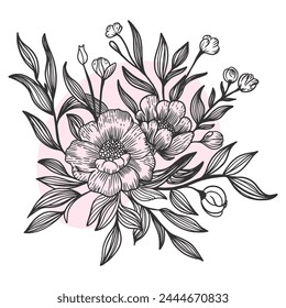 luxury flowers and logo. Trendy botanical elements. Hand drawn line leaves branches and blooming. Wedding elegant wildflowers for invitation save the date card. Vector