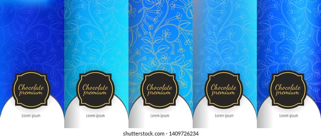 Luxury fluid template label set. Modern  abstract  gradient backgrounds for flowing packaging design. Suitable for premium boxes of cosmetic, wine, jewelry. Fluid graphic composition.  Vector template