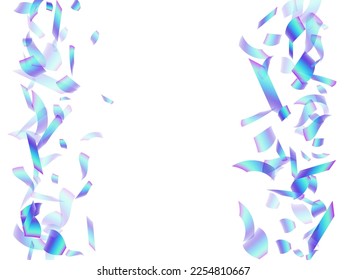 Luxury flying confetti decoration vector illustration. Blue  hologram particles christmas decor. Cracker poppers falling confetti. Holiday celebration decoration background. New Year design.