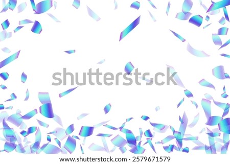 Luxury flying confetti scatter vector background. Blue  hologram elements carnival decor. Cracker poppers falling confetti. Holiday celebration decoration illustration. Joy particles.