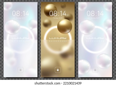 Luxury Flying Jewelry Pearl and Gold Sphere White Glow Ring Frame Smartphone Wallpapers Set with glassmorphism element. Vector smartphone screenlock delicate theme. Abstract mobile science design