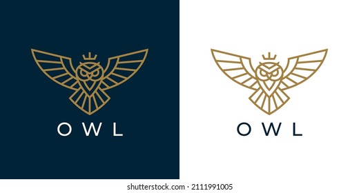 Luxury flying owl logo line icon. Royal wisdom and knowledge brand identity bird symbol. Premium quality vector illustration.