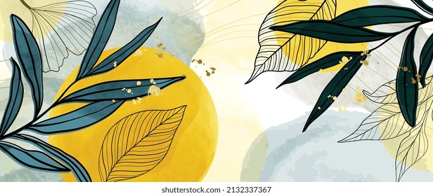 Luxuriöses Blattwerk und botanischer Hintergrund. Richtigkeit Aquarell Tapete aus Ginkgo, Eukalyptusblätter, tropisches Blatt und goldene Wellenlinie. Yellow Circle Sonndesign für Banner, Drucke, Wandkunst, Dekoration.