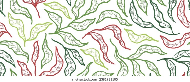 Lujoso follaje sin fisuras con hojas largas curvadas en ramas. Ramas de doodle dibujadas a mano con diseño de pancartas impecable. Ilustración lineal minimalista del vector. Diseño coloreado dibujado a mano.