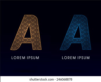 A ,Luxury font ,designed using gold and blue line, concept shape from water, river, sea, ocean, fish scale, logo, symbol, icon, graphic, vector.