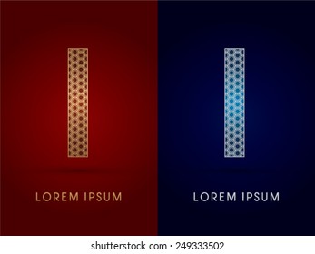 I ,Luxury font ,designed using gold and silver geometric on dark red and dark blue background, concept shape from screws, hexagon, honeycomb, jewelry,gems ,logo, symbol, icon, graphic, vector.