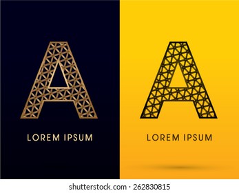 A ,Luxury font, designed using gold and black triangle geometric shape. on dark and yellow  background, sign ,logo, symbol, icon, graphic, vector.