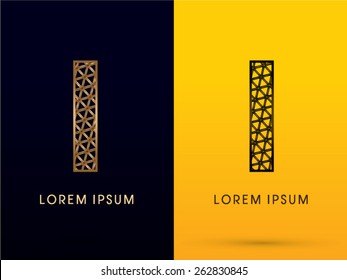 I ,Luxury font, designed using gold and black triangle geometric shape. on dark and yellow  background, sign ,logo, symbol, icon, graphic, vector.
