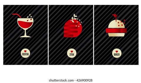 luxury food poster set. vector illustration of cafe icons on black background