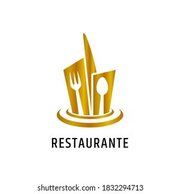 Luxury food and restaurant logo template. Cutlery and water shape. Flat logo design in gradient gold color