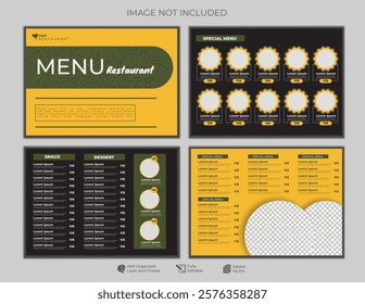 luxury food restaurant menu layout editable template, menu list cafe yellow and black modern template, list menu layout and food poster restaurant