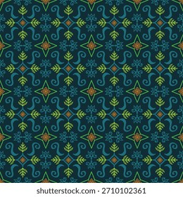 Luxury Forest Green Ikat Vector Seamless Pattern, Traditional Ethnic Diamond and Zigzag Print, Deep Jewel Tones Textile for Vintage Decor