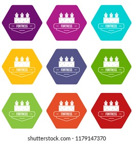 Luxury fortress icons 9 set coloful isolated on white for web