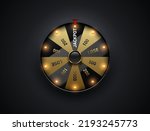 Luxury fortune wheel spin mashine. Cut frame, isolated on black background. Casino banner design element or icon. Golden and glossy black sector with led bulb light