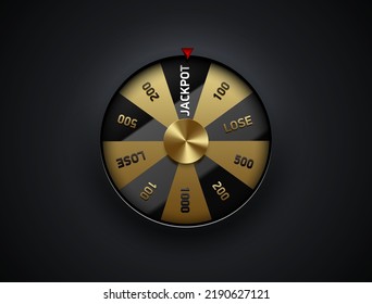 Luxury fortune wheel spin mashine. Cut frame, isolated on black background. Casino banner design element or icon. Golden and glossy black sector