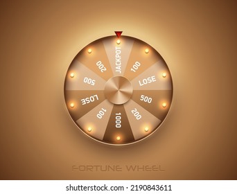 Luxury fortune wheel spin mashine. Cut frame, isolated on golden background. Casino banner design element or icon. Gold sector with led bulb light