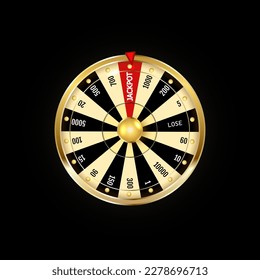 Luxury fortune wheel spin mashine. Cut frame, isolated on black background. Casino banner design element or icon. Golden and glossy black sector with led bulb light