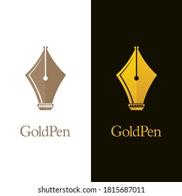 Luxury fountain pen nib icons. Gold colored pen logo designs for authors, publishers and educational institutions.