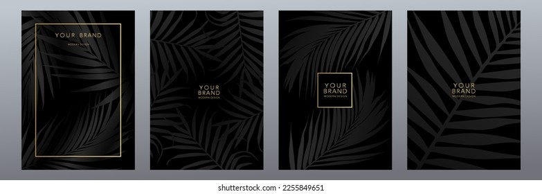 Luxury frame design set with tropical leaf pattern in dark colors. Elegant background pattern for premium menu, elite sale, luxe invitation, template, ​formal invitation, luxury voucher. banner, A4