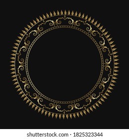 Luxury frame of gold color on a black background. Ornamental frame for cafe, restaurant, shop, print, stamp, elegant card. wedding invitations; Isolated element. Vector
