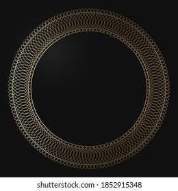 Luxury frame of gold color on a black background. Ornamental frame for cafe, restaurant, shop, print, stamp, elegant card. wedding invitations; Isolated element. Vector	