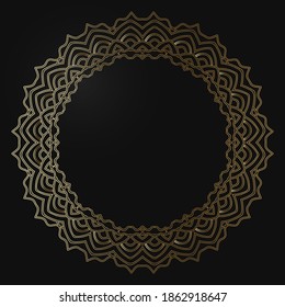 Luxury frame of gold color on a black background. Ornamental frame for cafe, restaurant, shop, print, stamp, elegant card, wedding invitations; Isolated element. Vector	