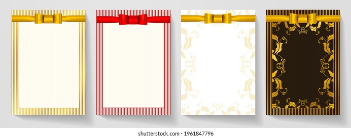 Luxury frame with gold curve pattern (design set). Golden bow on elegant stripe and floral ornamental background. Holiday premium vector collection for rich brochure, luxe invite, royal wedding templa