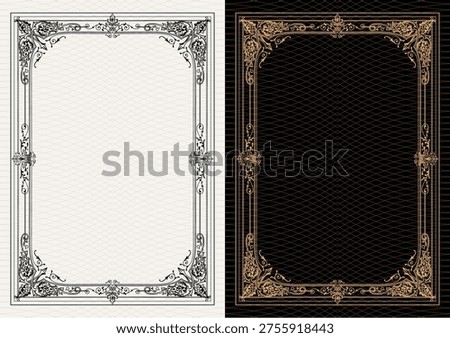 Luxury frame invitation card background vector. Elegant classic antique design, gold lines t, sparkle on black background. Premium design illustration for gala card, grand opening, art deco, magazine.
