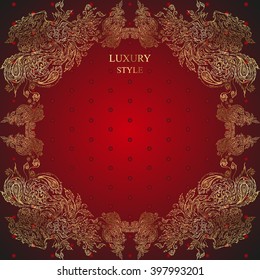 Luxury frame with patterns of birds and feathers  on dark red background. Luxury style. Vector Element for your design. Hand drawn illustration.
