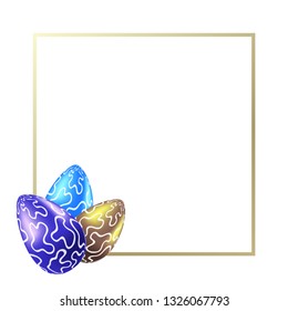 Luxury frame and realistic golden, blue and purple vector dragon eggs with blob abstract pattern. Traditional religion food illustrations collection for Easter with ornaments