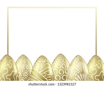 Luxury frame and realistic golden vector eggs with different abstract pattern. Traditional religion food illustrations collection for Easter with ornaments of sea waves, blobs, bushes, shells, swirls