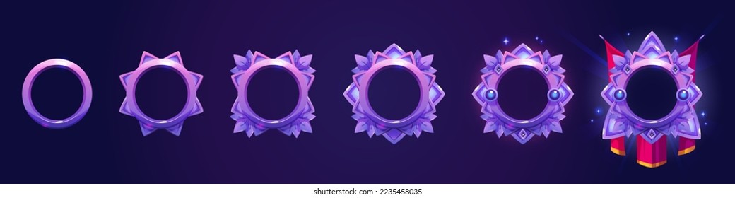 Luxury frames for game ranking badges. Empty round avatars frames with fantasy medieval borders with red pennants isolated on background, vector cartoon set