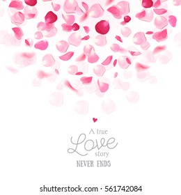 Luxury fresh rose petals are falling in the air romantic vector card. Wedding celebration design frame. Stylish fashion pink backdrop. Saint Valentines template. All elements are isolated and editable