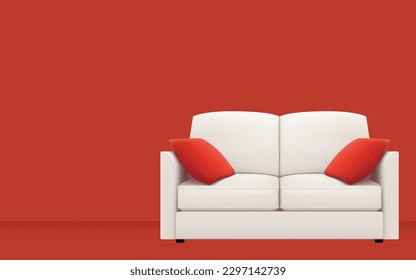 Luxury furniture, cozy white sofa with two red pillow over red color studio background. 3d vector illustration