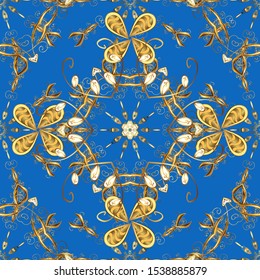 Luxury furniture. Patina. Seamless element woodcarving. Blue and brown backdrop with gold trim. Carving. Pattern with golden elements. Small depth of field. Furniture in classic style.