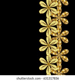 Luxury furniture. Pattern on black background with golden elements. Small depth of field. Backdrop with golden trim. Furniture in classic style. Seamless element woodcarving. Patina. Carving.