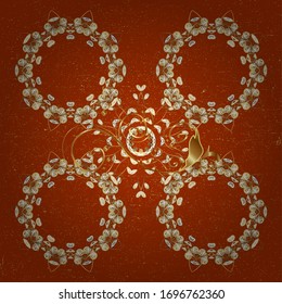 Luxury furniture. Sketch element. Pattern on orange and beige colors with golden elements. Orange and beige backdrop with gold trim. Patina. Carving. Furniture in classic style. Small depth of field.