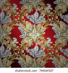 Luxury furniture. Small depth of field. Ornamental element woodcarving. Patina. Carving. Pattern on white, red and neutral colors with golden elements. White, red and neutral tree with gold trim.