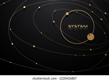 Luxury futuristic orbit golden line and dots business tech black background design. Globe data network elements abstract dark premium background. Circle vip logo frame with sphere satellite