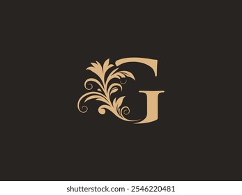 Luxury G letter logo with floral ornate design. Vintage swirl, graceful calligraphic letter identity for premium brand. Filigree, intricate rococo, flowery engraving G signs. Aesthetic elegance.