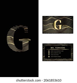 Lotipo vectorial G de lujo con plantilla de tarjeta de visita. 
Logotipo de letra premium G con estilo de línea de onda dorada. 
Elegante identidad corporativa.