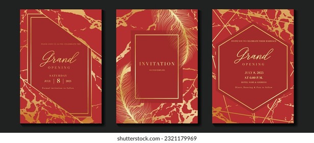 Luxury gala invitation card background vector. Golden elegant geometric shape, marble, bird feathers on red background. Premium design illustration for wedding and vip cover template, grand opening.