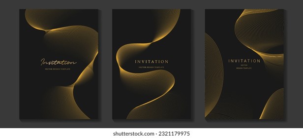 Vector de fondo de tarjeta de invitación de gala de lujo. Patrón geométrico elegante dorado, línea dorada ondulada sobre fondo oscuro. Ilustración de diseño premium para la plantilla de portada de bodas y vip, gran abertura.